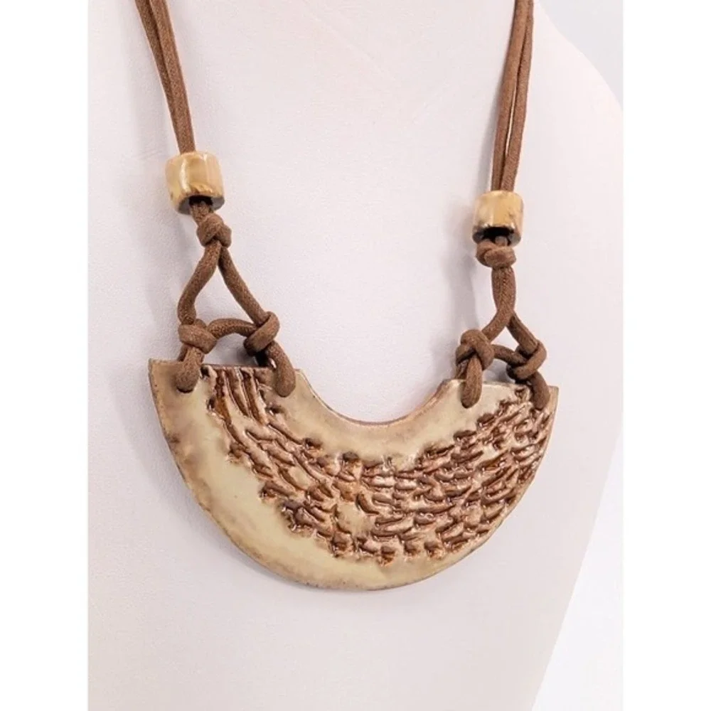 VTG Peru Handmade Ceramic Studio Art Pottery Bib Necklace Earrings Set Brutalist